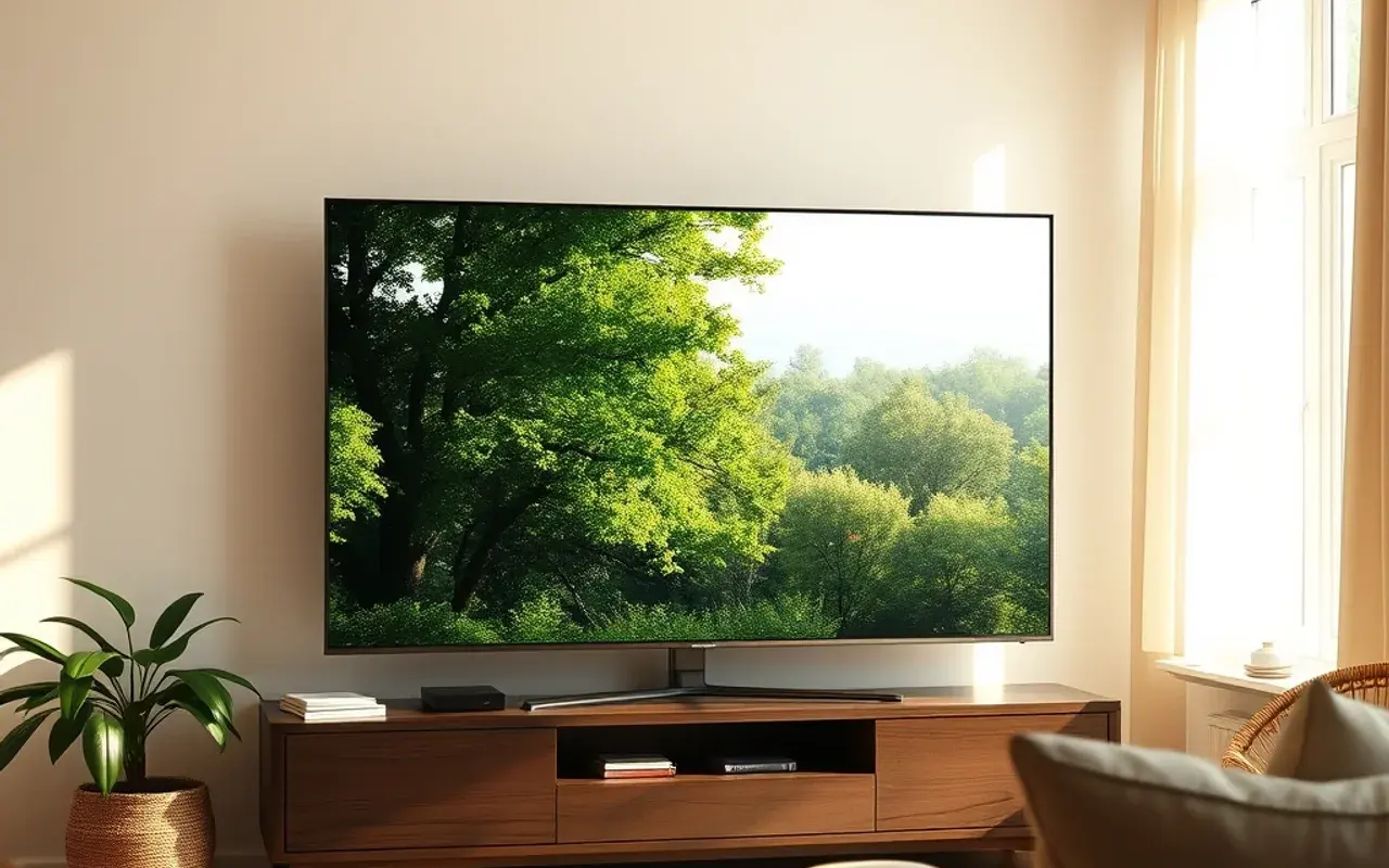 Grande televisore in un salotto luminoso che mostra un’immagine nitida in alta definizione, illustrando la qualità di una liste IPTV