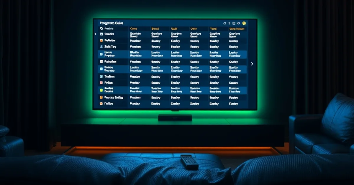 Salotto buio illuminato dal bagliore di una guida TV a griglia su uno schermo, atmosfera cinematografica serale