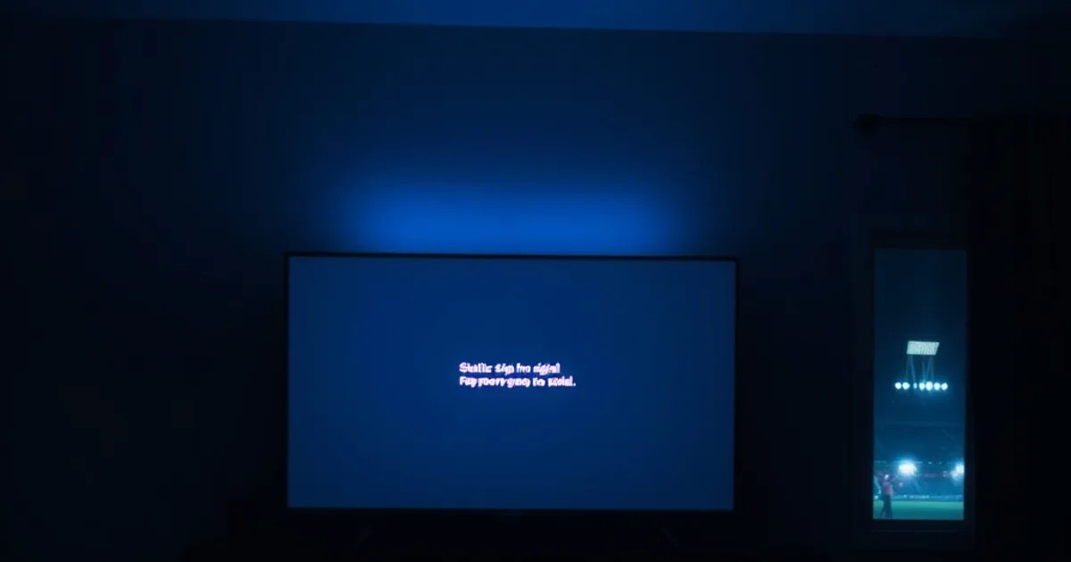 Salotto buio con televisore che mostra un errore di segnale, router con luce rossa lampeggiante e bagliore di stadio visibile in lontananza dalla finestra.