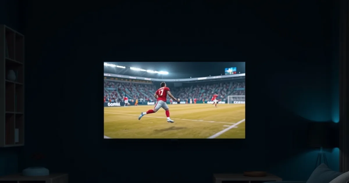 Salotto buio con televisore che trasmette una partita di calcio in diretta e onde wireless che collegano uno smartphone al dispositivo di streaming