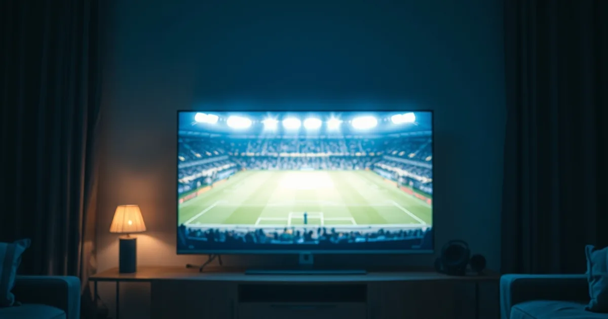 Salotto buio con un unico grande schermo acceso su una partita di calcio in notturna, mentre altri telecomandi e piccoli schermi restano sfocati sul tavolino in primo piano.