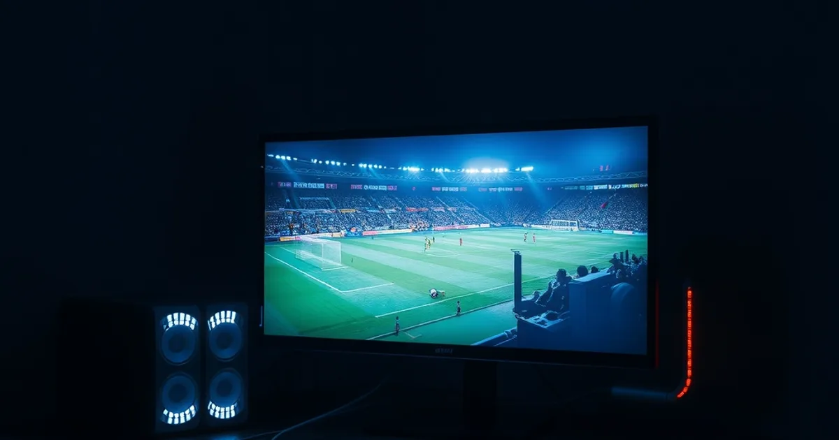 Postazione PC con doppio monitor che trasmette una partita di calcio in un ufficio buio, cavo Ethernet visibile verso il router
