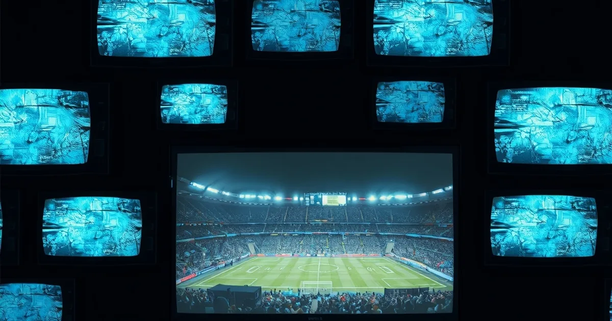 Parete di schermi televisivi che si spengono uno dopo l'altro, mentre uno schermo centrale resta acceso e stabile con una partita di calcio notturna
