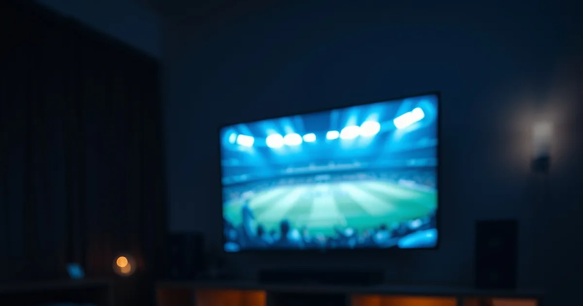 Salotto buio illuminato dalla luce blu di uno schermo TV che trasmette una partita di calcio in diretta, con smartphone e telecomando in primo piano