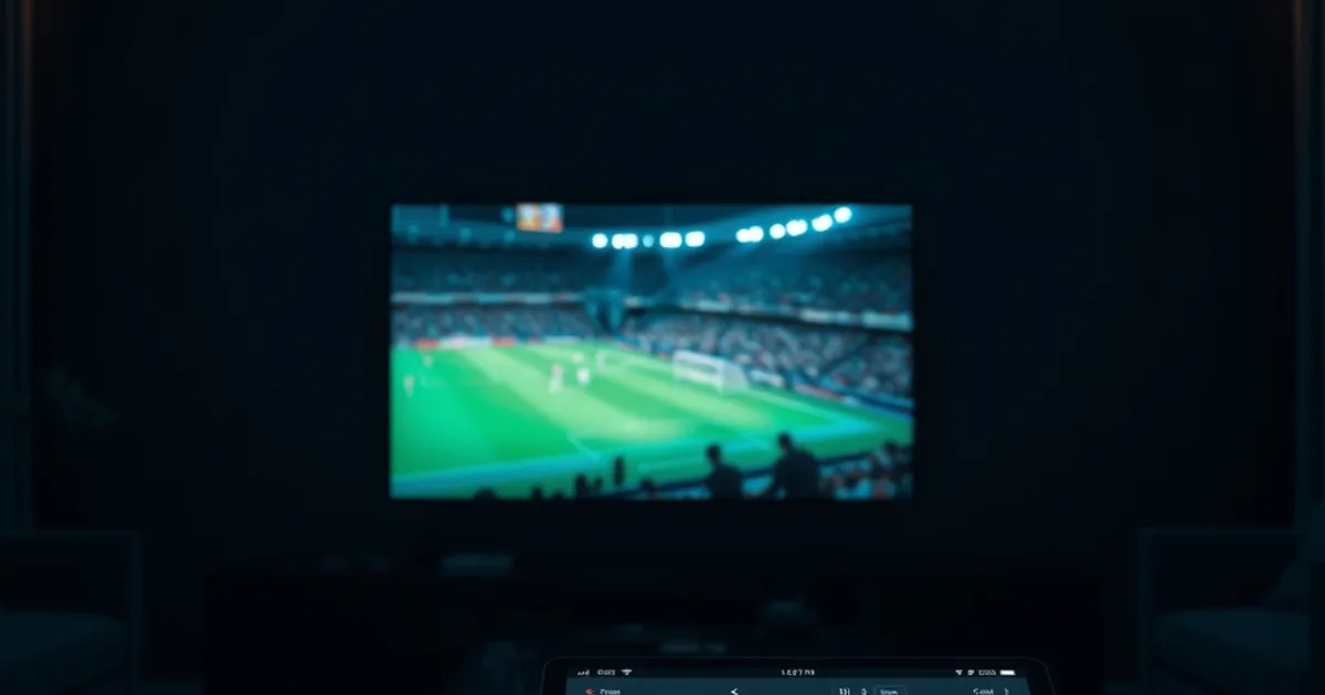 Salotto scuro con schermo TV acceso su una partita di calcio sfocata e un tablet con una lista di canali in primo piano, atmosfera cinematografica notturna