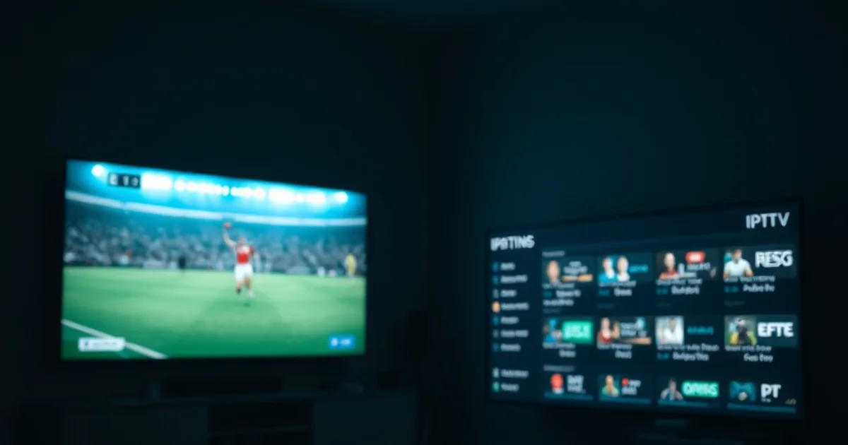 Salotto buio con TV che trasmette una partita di calcio e un secondo schermo con l'interfaccia di una lista canali IPTV, illuminazione blu notturna.