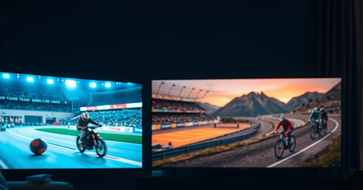 Salotto scuro con schermo che mostra in contemporanea MotoGP, tennis e ciclismo, atmosfera cinematografica premium
