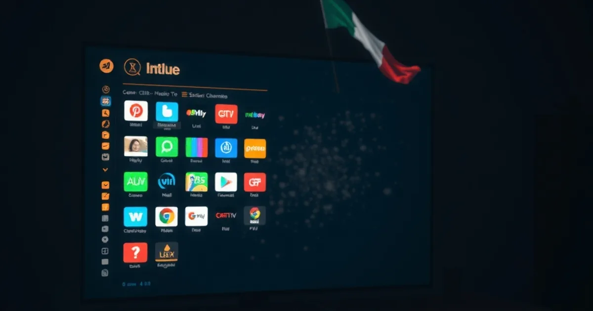 Televisore in una stanza buia con una griglia di canali, metà nitida e metà che si dissolve in interferenze digitali
