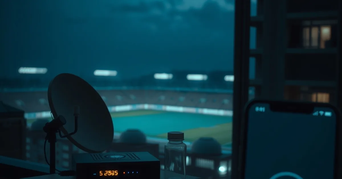 Antenna satellitare e router su un balcone di notte con le luci di uno stadio sullo sfondo, atmosfera scura e cinematografica