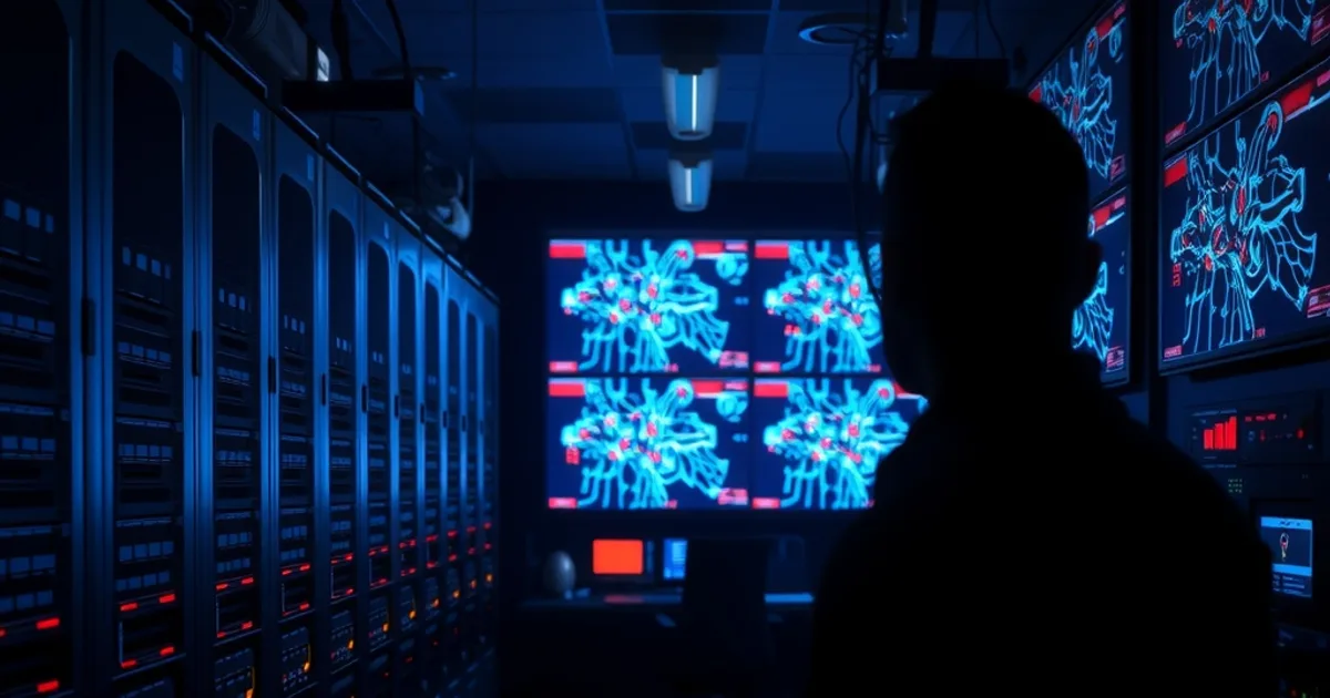 Sala server di una rete di telecomunicazioni di notte, con alcuni nodi della rete evidenziati in rosso a indicare un blocco attivo