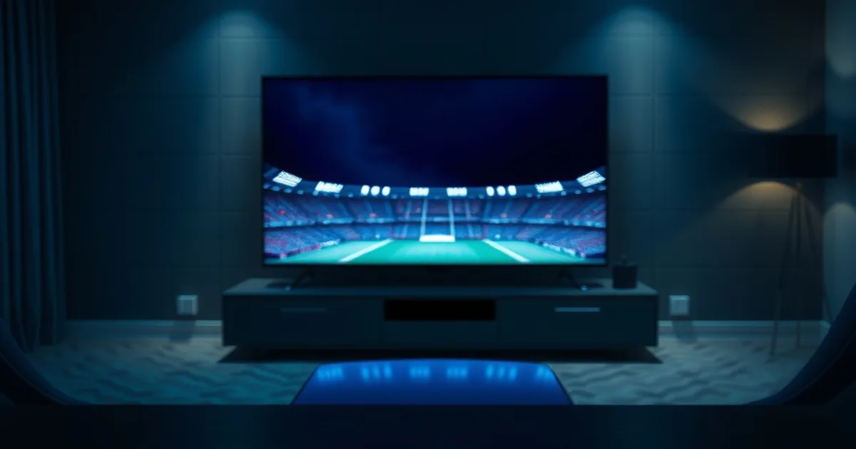 Salotto buio illuminato dal bagliore di uno schermo TV, atmosfera cinematografica da serata di calcio in streaming