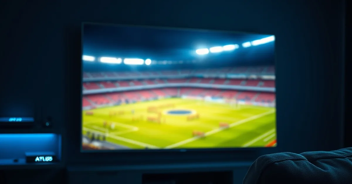Salotto moderno e buio con una TV 4K OLED che trasmette una partita di calcio in HDR, cavo Ethernet collegato a un router e telecomando in primo piano