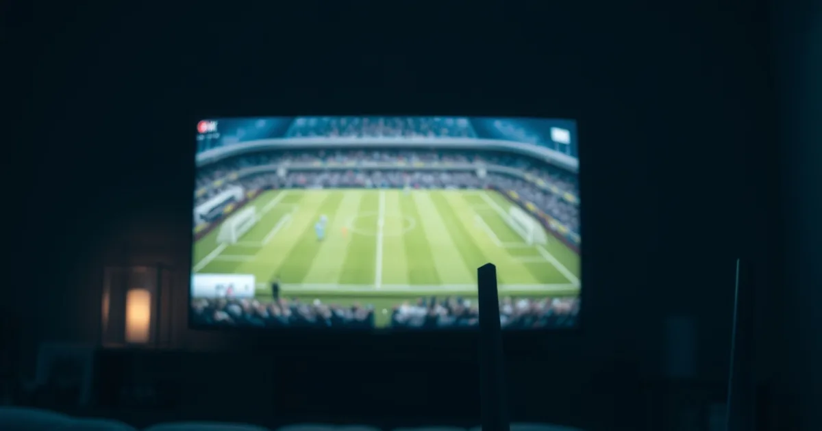 Salotto buio illuminato da una TV 4K che trasmette una partita di calcio, con router e cavo ethernet in primo piano