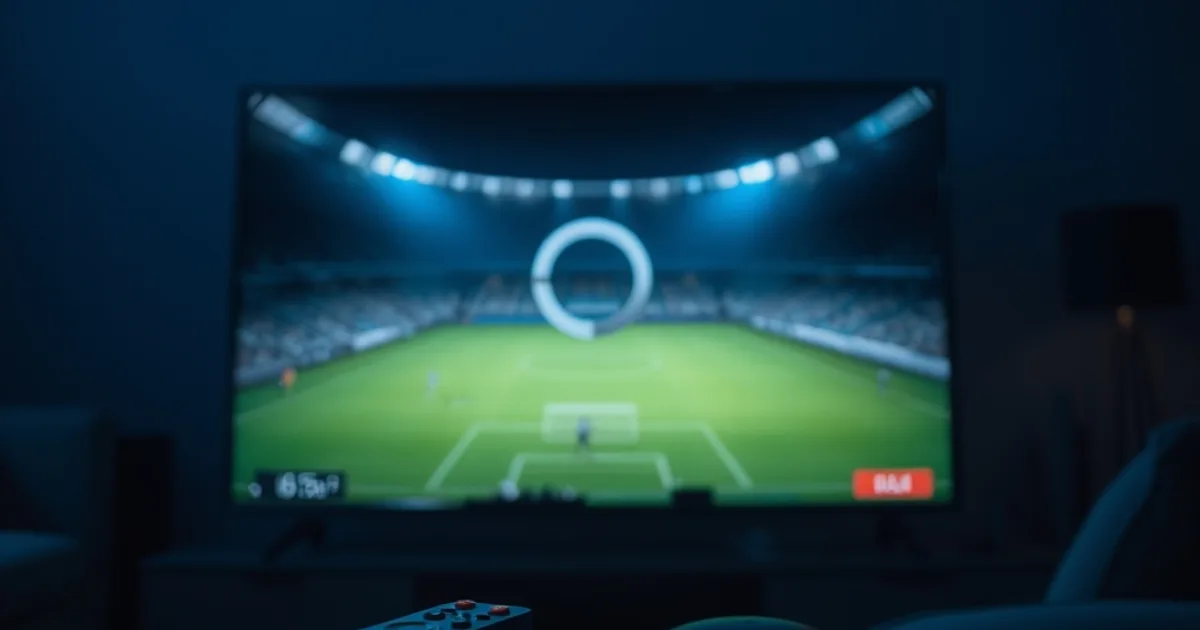 Schermo di una smart TV in una stanza buia che mostra un caricamento in corso durante una diretta calcistica, con telecomando in primo piano