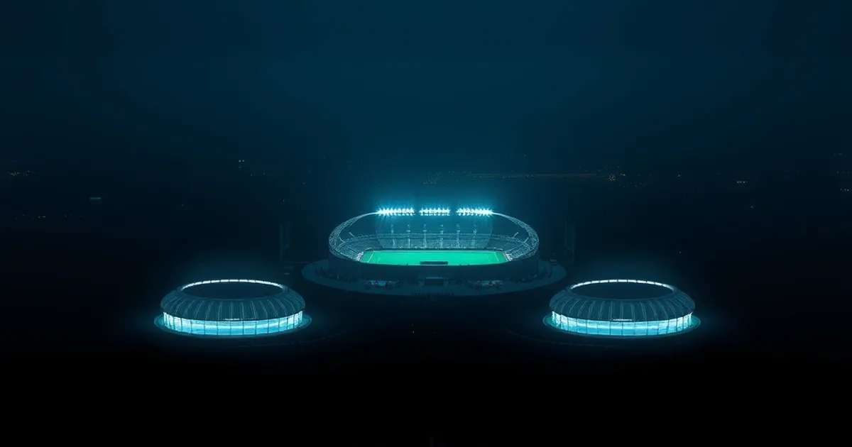 Quattro stadi di calcio collegati simbolicamente da un unico filo di luce in una scena scura e cinematografica