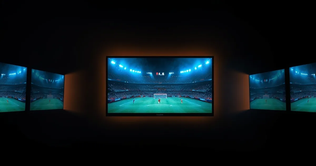 Uno schermo TV acceso e nitido con una partita di calcio al centro, circondato da schermi sdoppiati e sfocati che svaniscono nel buio, simbolo di una lista IPTV unica contro liste multiple instabili.