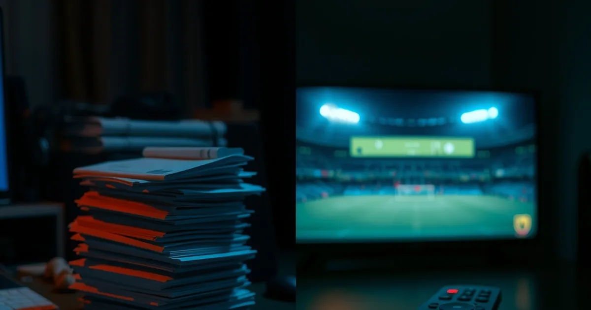 Scrivania al buio: da un lato due telecomandi e una pila di fatture per abbonamenti separati, dall'altro un solo telecomando accanto a uno schermo che illumina un campo da calcio notturno