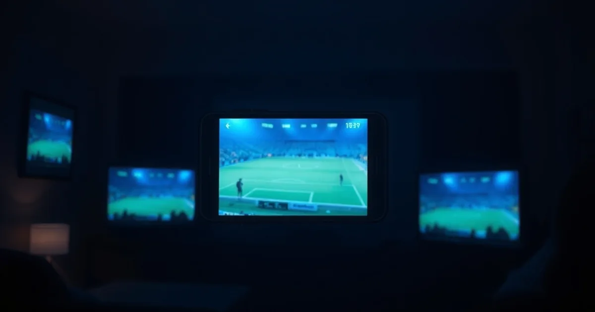 Un unico schermo con una diretta calcistica stabile, illuminato in una stanza buia, mentre altre fonti sfocate svaniscono intorno