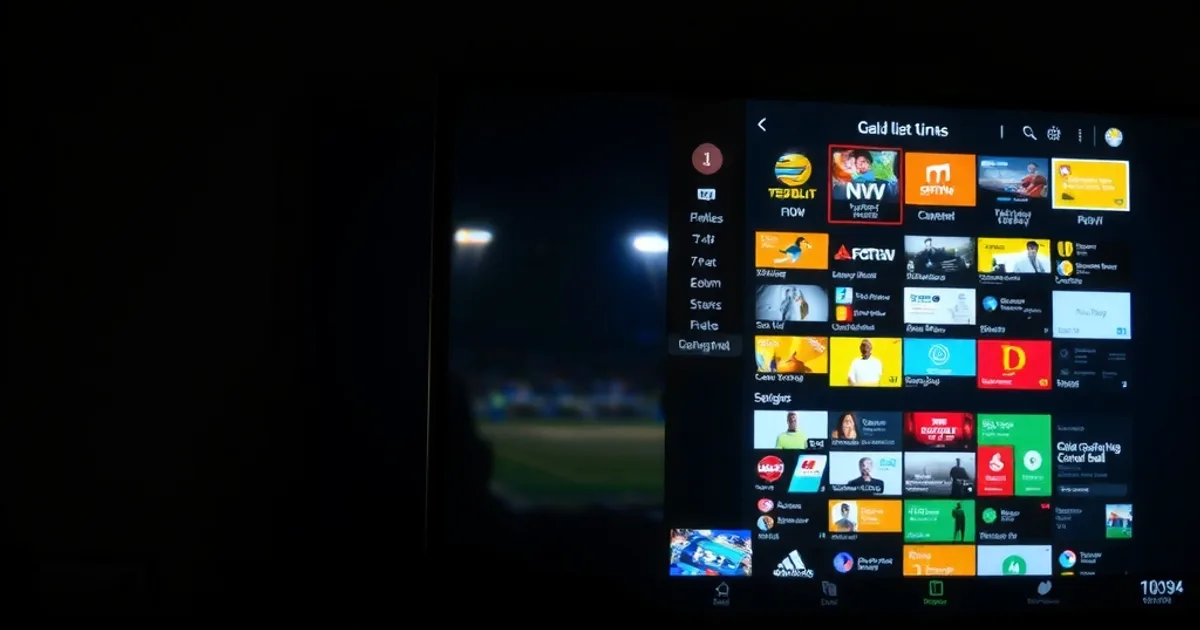 Schermo TV al buio che mostra a confronto una lista di canali che si blocca a sinistra e una guida programmi ordinata e veloce a destra, con luci di uno stadio sullo sfondo